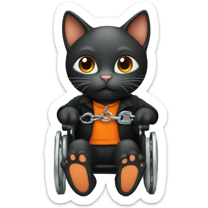 a kitty dressed in black and orange and in a wheelchair with handcuffs  sticker