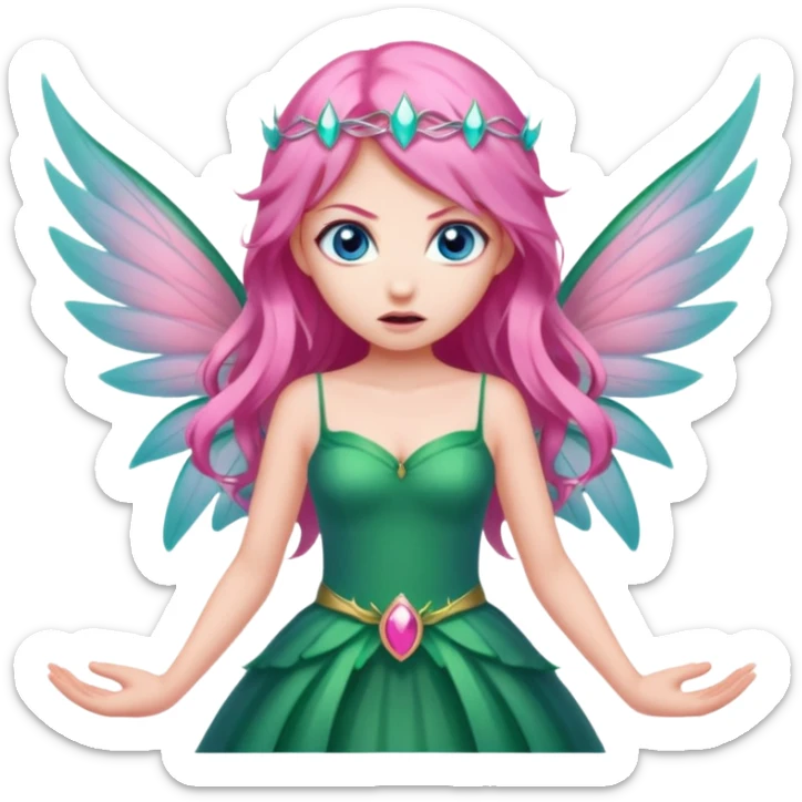 Blue eyed long pink hair, pink wing fairy in green dress: anger sticker