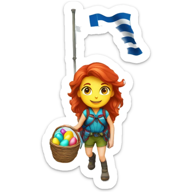 Female mountain climber red hair climbing with Greek flag on backpack and holding Easter eggs basket sticker