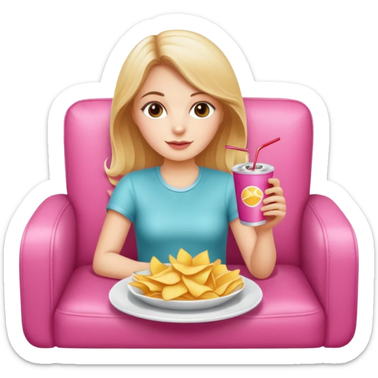 home white girl with plate of chips and soda drink, sitting at the pink sofa sticker