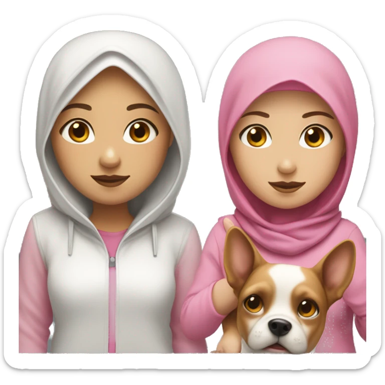 White hijab girl, white skin color, with a pink hoodie, holding a dog sticker