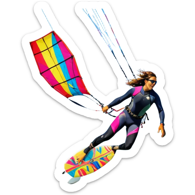 A vibrant kite soaring high in the sky, attached to a kiteboarder riding the waves below. The scene is filled with bright colors, capturing the energy of the sport. The background features the ocean, wind-blown waves, and a clear sky, showcasing the excitement and freedom of kiting. sticker
