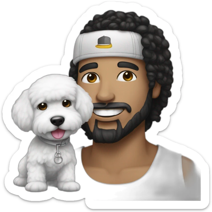 young-rapper-with hoop-white skin-black hair-beard-bichon dog-white-smile sticker