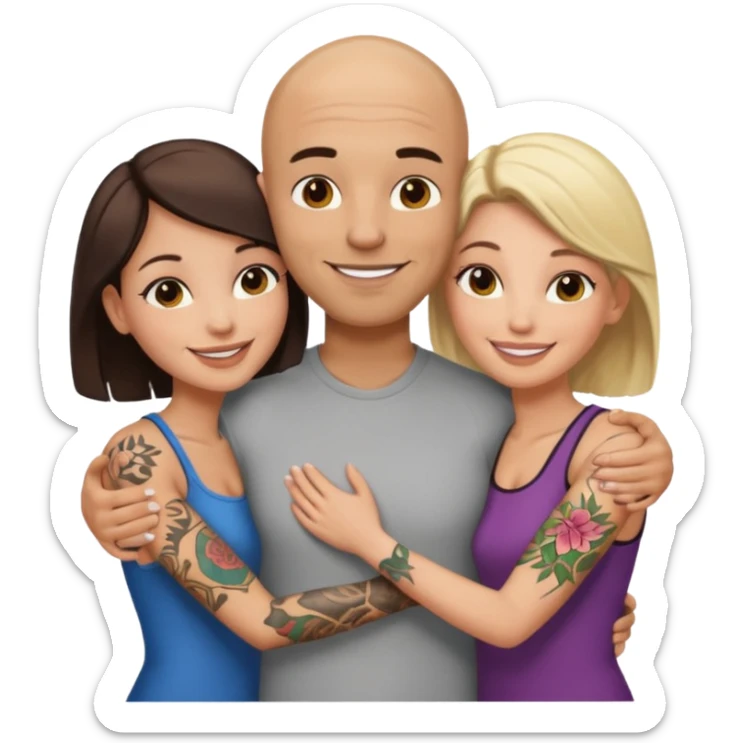 throuple tattooed bbald male with topless naked big boobed brunette and topless naked big boobed blonde girlfriends  loving  naked thruple sticker