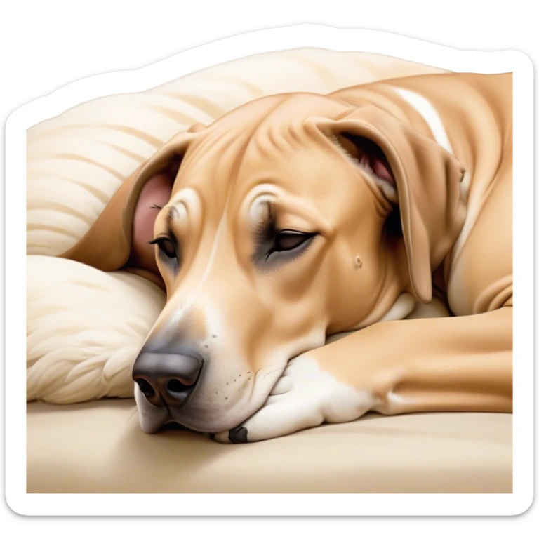 Meme-Worthy Cute Sleeping Fawn Great Dane Portrait Emoji, Head resting peacefully with a contented smile, showcasing a delightfully solid build and a luxuriously soft fawn Fur, eyes shut in a serene nap, Simplified yet hilariously adorable features, highly detailed, glowing with a soft, drowsy light, high shine, relaxed and utterly lovable, stylized with an air of playful laziness, bright and heartwarming, soft glowing outline, capturing the essence of a comically sleepy guardian, so meme-worthy it feels like it could instantly become the next viral sensation of adorable slumber! sticker