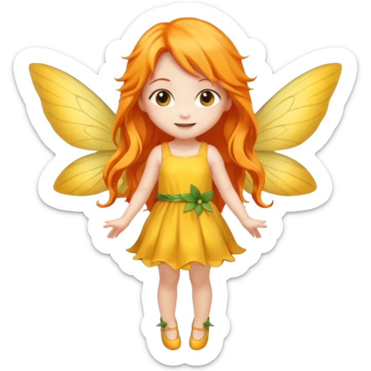 fairy with long orange hair, yellow wings, yellow dress, happy, chibi full body sticker