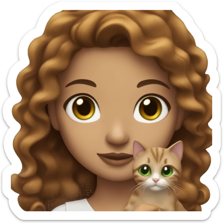 Wavy hair brunette with caramel skin and green eyes holding calico cat sticker