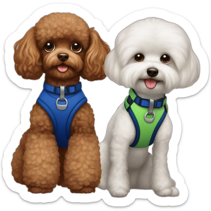 Brown toy poodle wearing dark blue harness and all white Maltese wearing green harness sticker