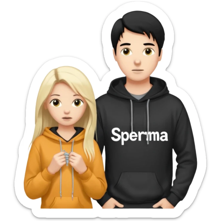I want it to be this emote 🙍‍♂️
of a white guy with black hair and a black sweatshirt with the word "sperma" written in white in the middle. Behind him, there's a pretty blonde with long hair, pulling the string on the first person's hoodie. The girl is wearing a gray sweatshirt. sticker