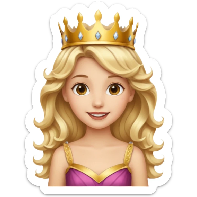 Cheerful blonde princess with wavy hair and light gold dress, wearing crown sticker