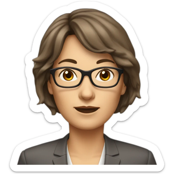 middle-aged accounting woman with middle-lenght brown hairs, a bang and glasses sticker