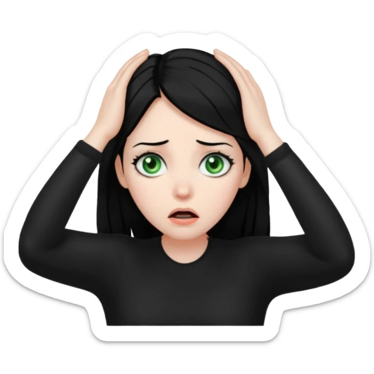 A realistic waist-up portrait of a frightened woman with her hands on her head, black hair and green eyes sticker