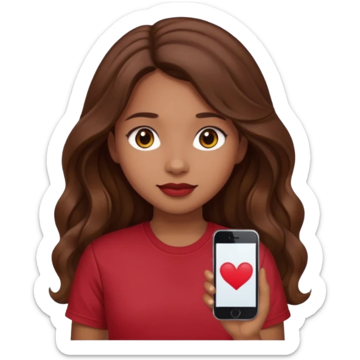 Light brown girl with long wavy brunette hair and blush, wearing dark red tshirt sticker
