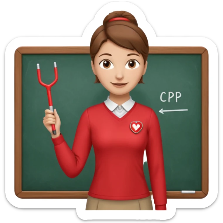 very Happy Teacher, female, brown hair up, wearing a red long sleeve top holding a pointer stick to a white board with a CPR logo. sticker