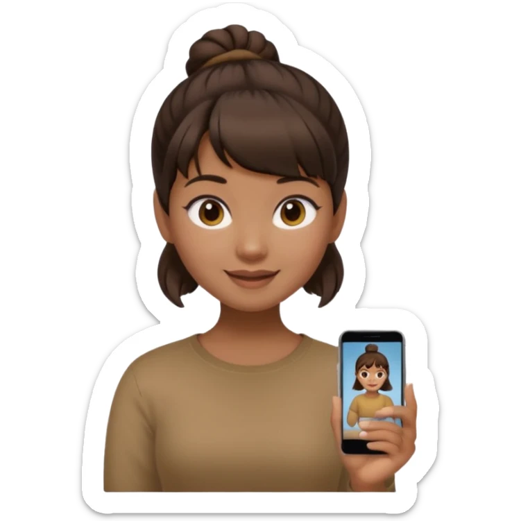 In Apple Memoji format, a girl with dark brown hair. She has bangs and her hair is in a singular high bun. The girl is arab and has light brown skin. She is wearing a brown shirt. She is soft smiling, no teeth shown. sticker