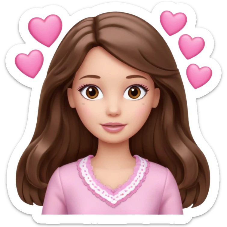 Barbie girl makeup , brown long straight wavy hair and brown eyes is In pale pink clothes There are pink hearts all around sticker