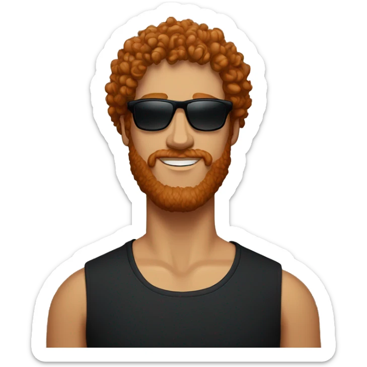 Red-haired man with curly hair and a beard, wearing a black Nike t-shirt and sunglasses sticker
