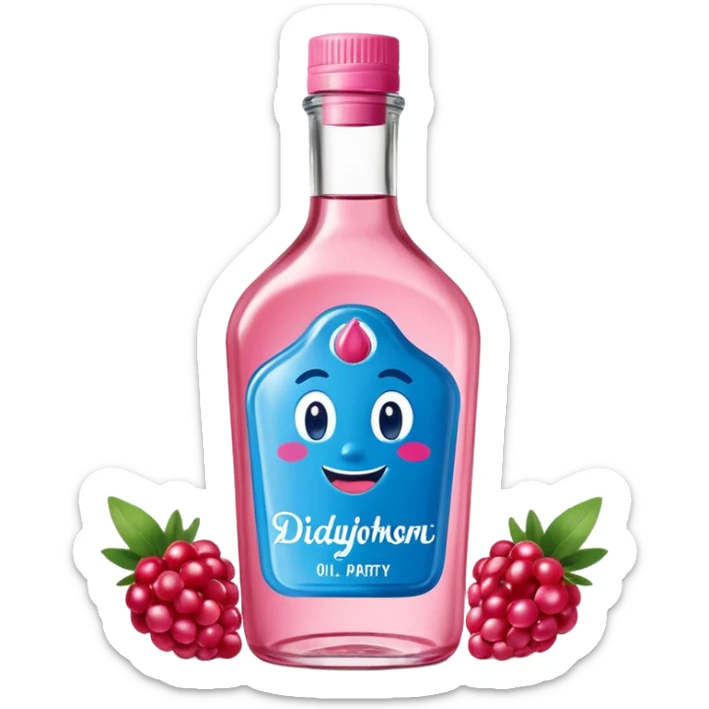 bottle of oil blue top pink outside with logo that says Diddy Party oil Johnson and Johnson  brand with a smiling berry on top sticker