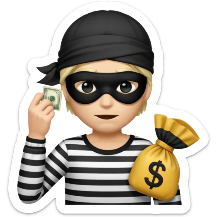 a short ios emoji-style portrait of a classic burglar, a black eye mask (looks like a blindfold) and a black-and-white striped shirt. emoji-like hair, black hat, ONE bag of money 💰 with a dollar sign in a right corner, evil expression WITHOUT a hand  sticker