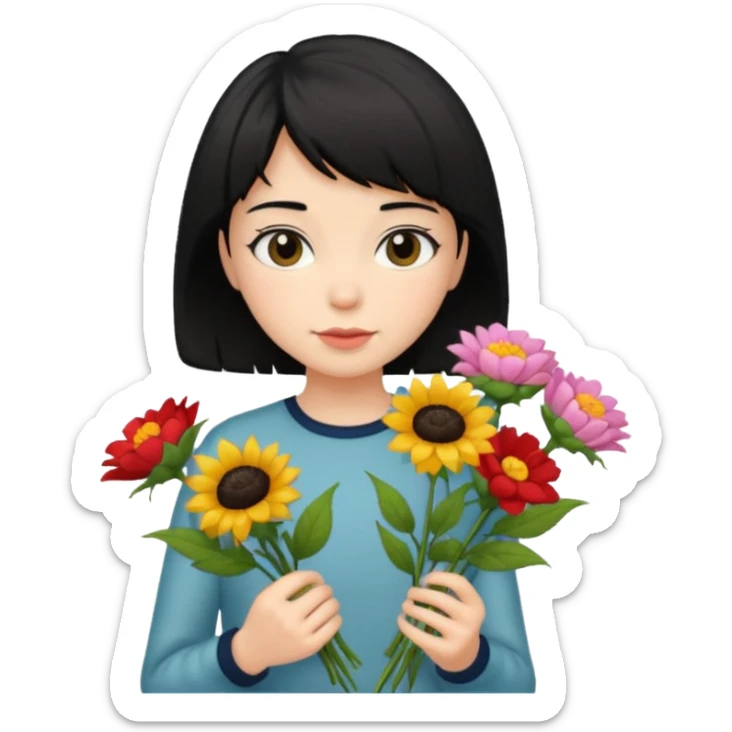 a pretty bratz fair girl with short black shaggy hair with a tall boy and flowers sticker