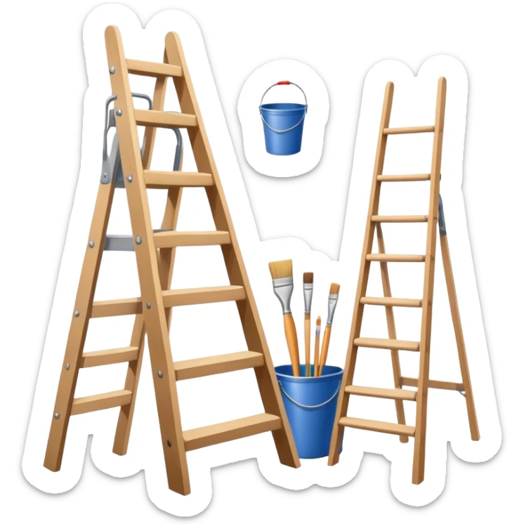 Wall painting icon, wall with an unfinished painting, no frame, a beautiful mural in progress, visible paintbrushes, rollers, and a bucket of paint, wooden ladder beside, minimalistic style, clean lines, transparent background. sticker