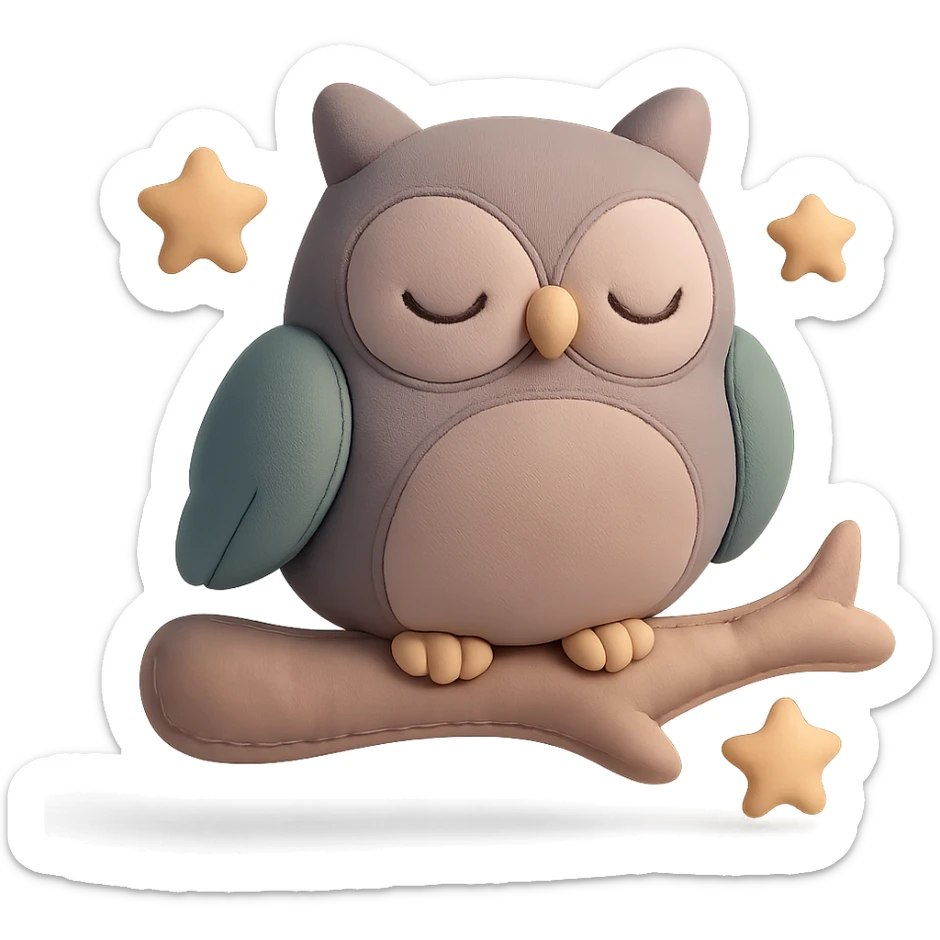 sleepy owl on a tree branch with stars, muted night palette, soft pastel colors, transparent background, cushion style sticker
