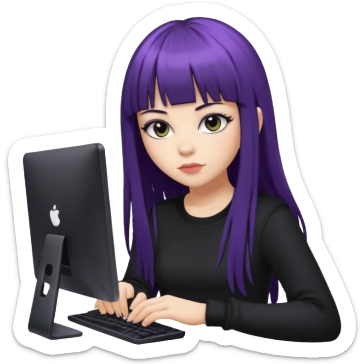 lilac girl with long hair and bangs worker and acessories with a pc worten the clothes black like an alternative sticker