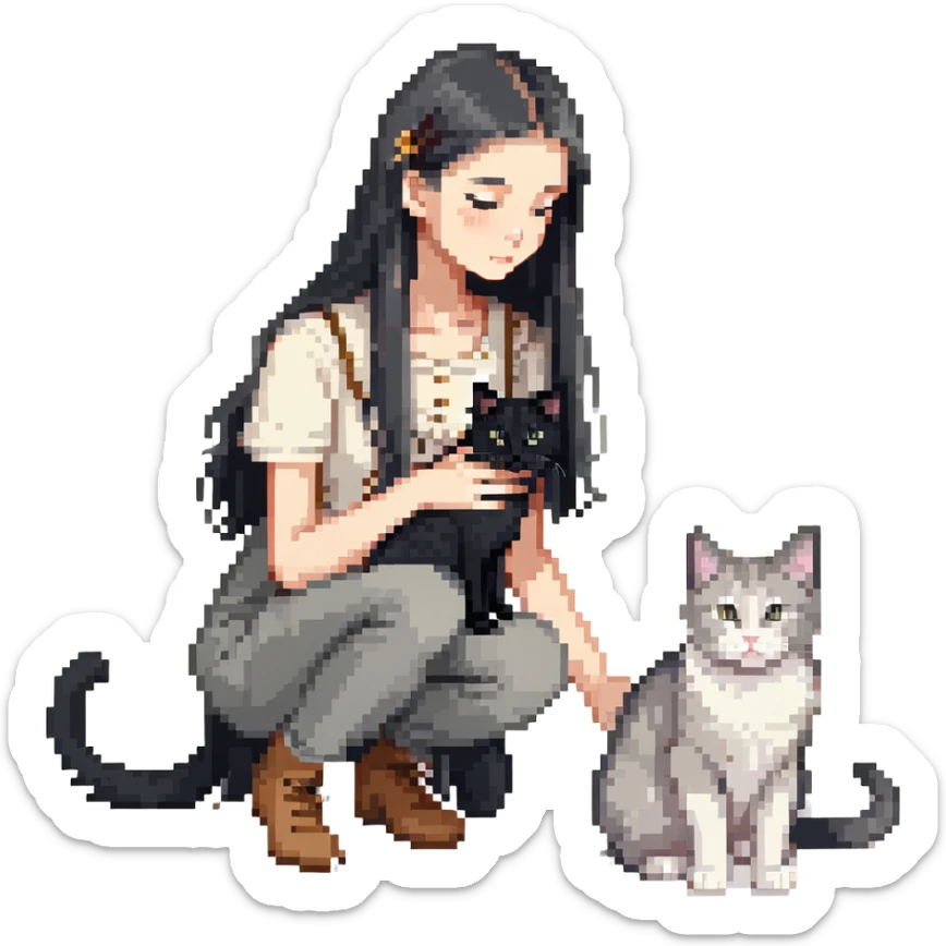 Beautiful girl with long black hair petting a gray and blonde mixed cat sticker