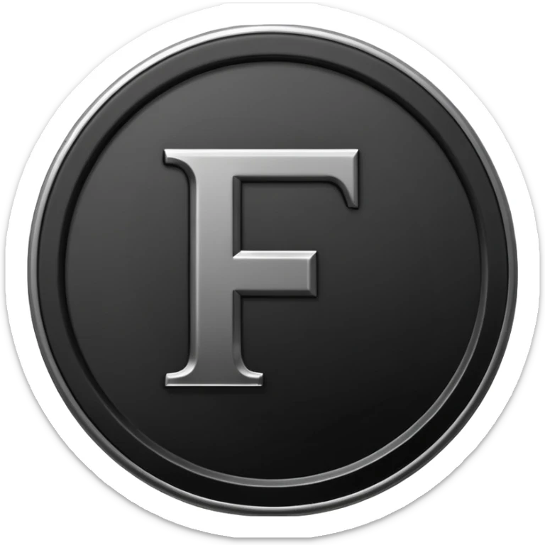 Emoji icon of a black coin with engraved letter F, minimalist style, isolated, no color sticker