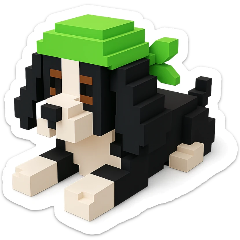 A black and white Russian Cocker Spaniel puppy wearing a green durag, voxel style, lying down sticker