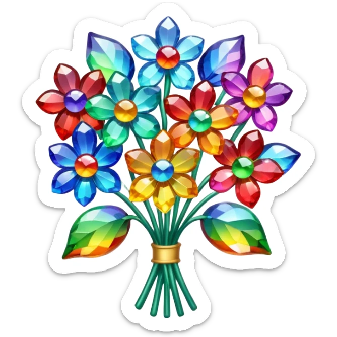 a bouquet of crystal flowers shimmering with rainbow colors, Apple emoji style sticker