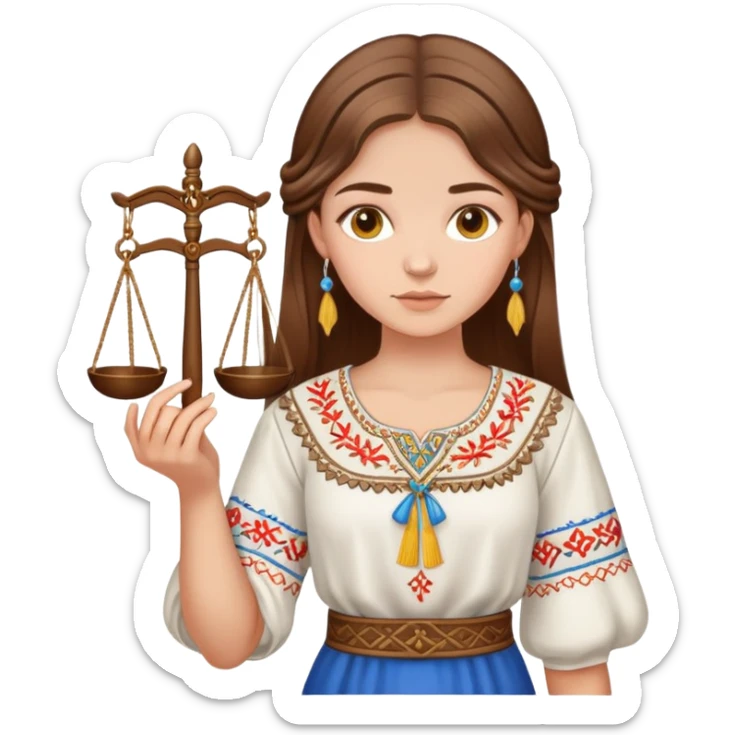 Ukrainian girl with brown hair wearing a traditional embroidered vyshyvanka shirt, holding scales of justice in her hand sticker