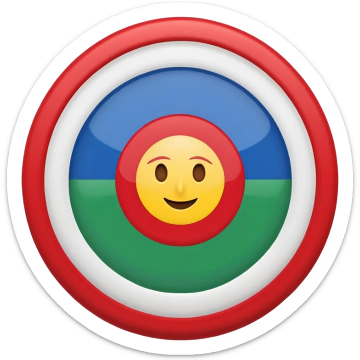 An emoji icon of the Romani flag. Top half blue, bottom half green, with a red 16-spoke chakra wheel in the center. Flat vector style, cute, isolated on white background. sticker