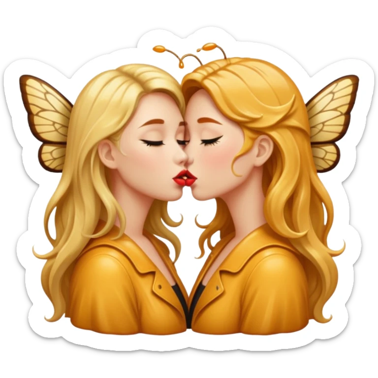 bust two women kissing honey gloss lips, wet hair, moth wings behind sticker