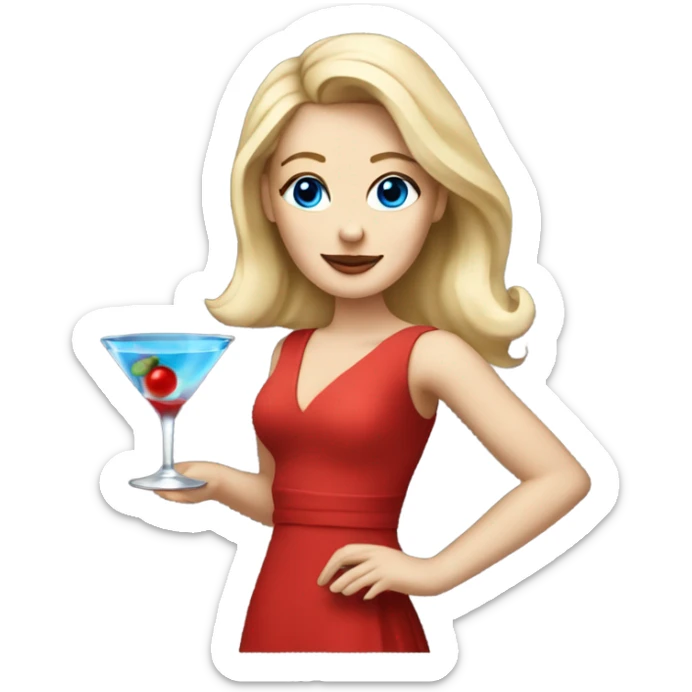 Beautiful blonde white woman with blue eyes red dress dancing with martini sticker
