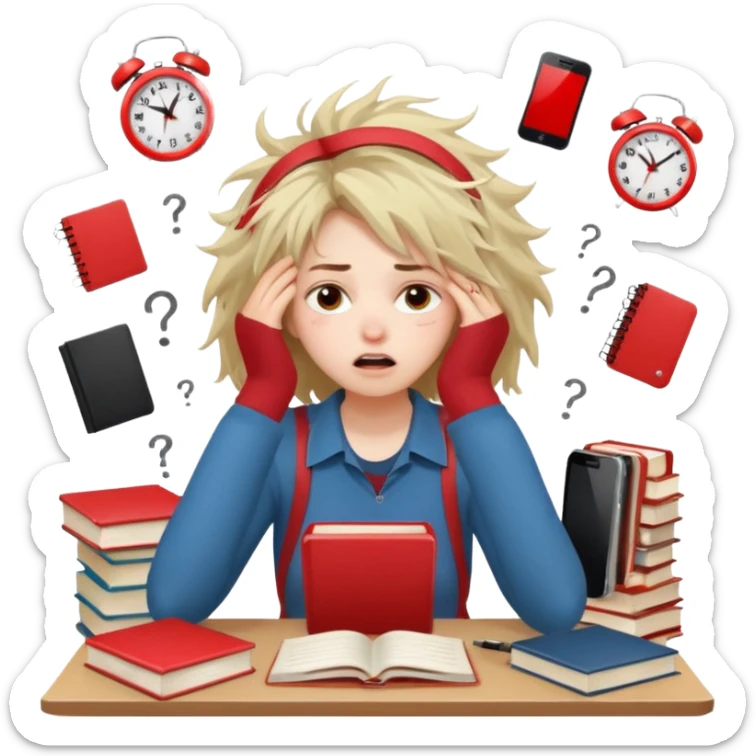 A student girl is sitting in a panic and chaos. On the table, there are a bunch of books, notebooks, and a phone with a red alarm clock on the screen. sticker