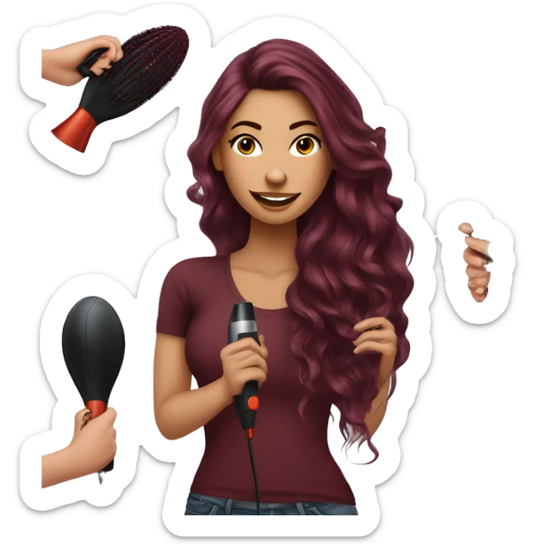 Beautiful tattooed  burgundy long haired woman blow drying her hair sticker