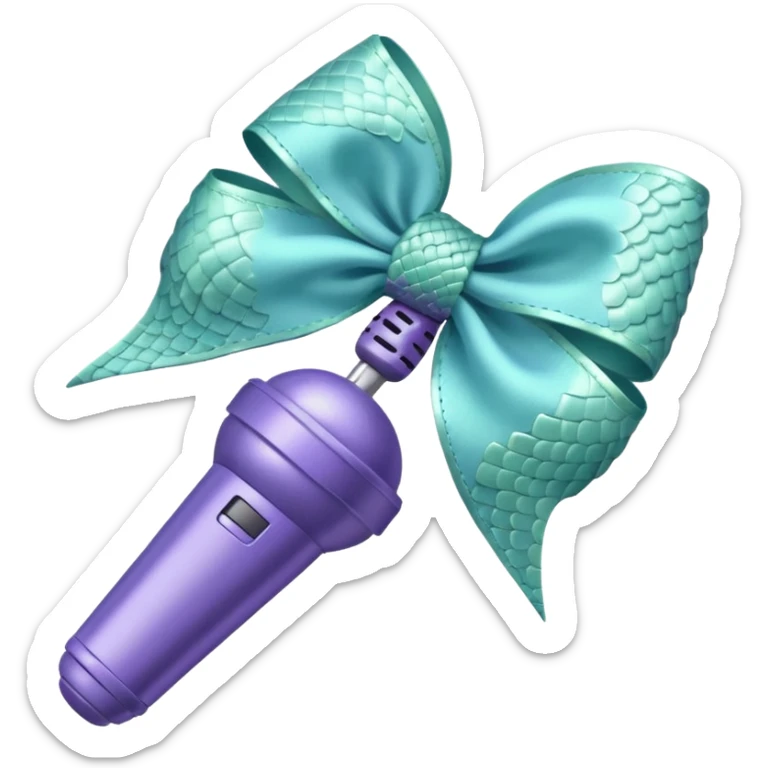A pastel blue bow with a pastel a pastel green snake at the top of one side and a pastel purple microphone on the bottom of the other side of the bow sticker