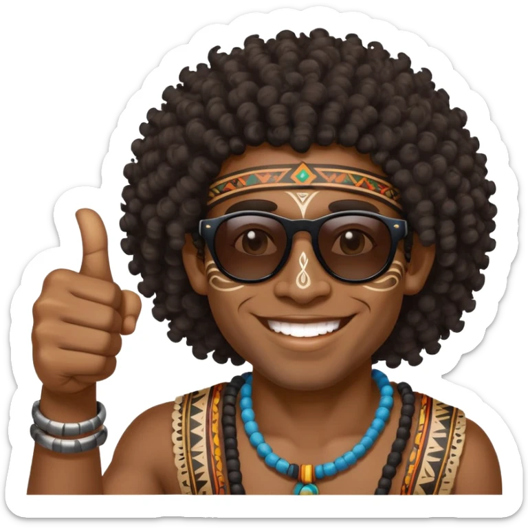 African Black tribal man with curly hair, traditional tribal face paint, wearing sunglasses, smiling, thumbs up sticker