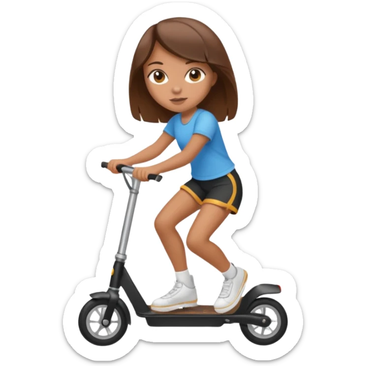 Tan girl with brown hair, riding razor scooter in black shorts sticker