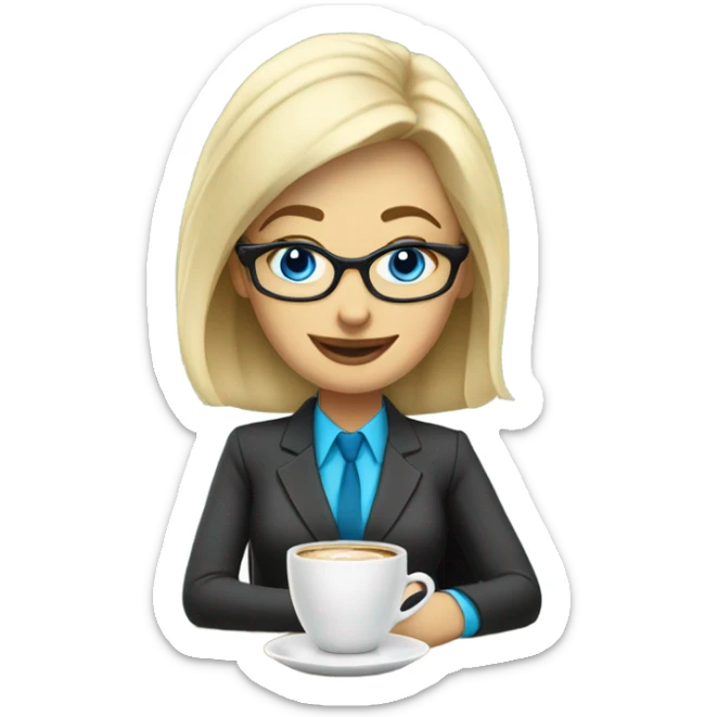 Corporate blonde boss lady with glasses happy blue eyes sitting at a desk drinking coffee  sticker