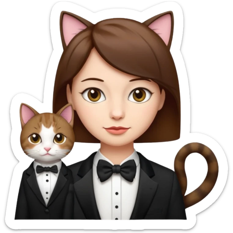 slightly more feminine woman with short brown hair and a tuxedo cat, emoji style, variation 4 sticker