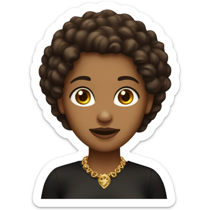 Female with curly chocolate hair, mahogany eyes and olive skin. She’s wear a black shirt with jewelry gold. sticker