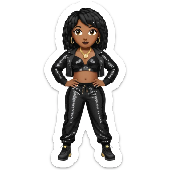 Missy Elliott with black hair, black sequin bra, black sequin baggy pants sticker