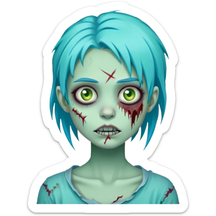 zombie girl with turquoise blue hair, pale green skin, stitches on face, cartoonish undead appearance sticker