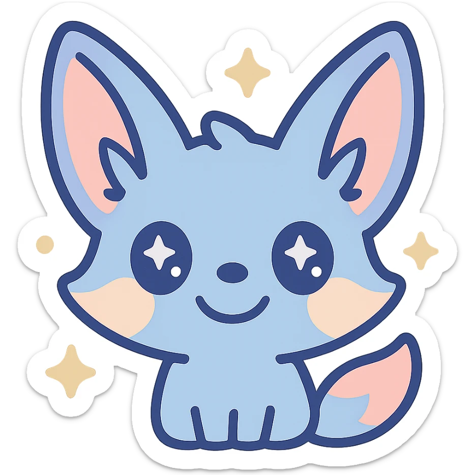 Transformer cette illustration de fennec magique kawaii en emoji expressif, style kawaii, fond transparent, garder les couleurs pastel et les accents féeriques. sticker