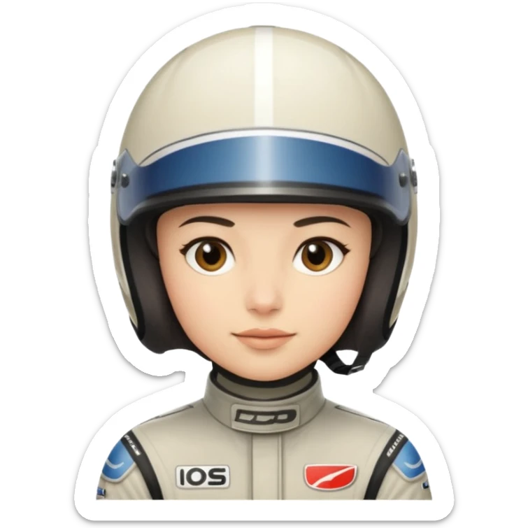 A light-skinned person with short dark hair, wearing a racing helmet and an oval face with a neutral look. sticker