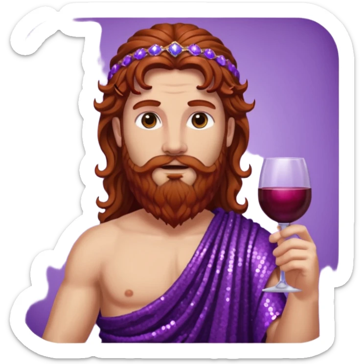 Liber, God of Wine from Roman Deities with long reddish brown wavy hair and beard, purple sequin toga  sticker
