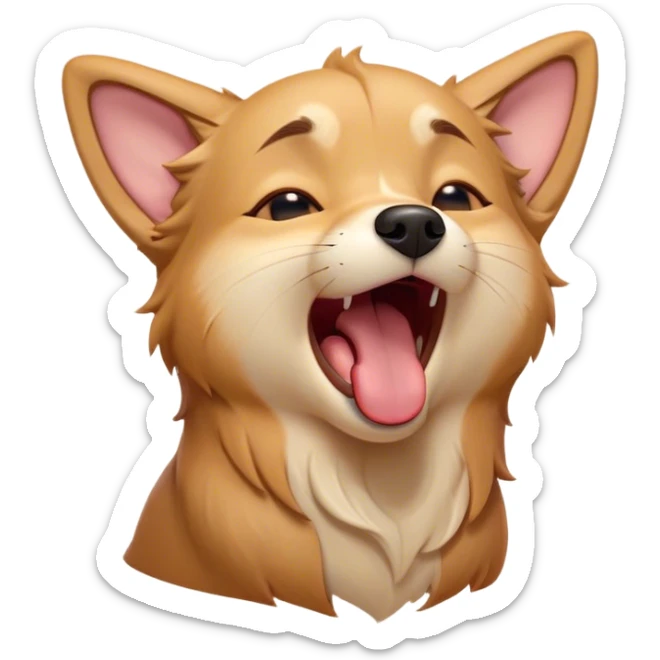 Cinematic Cute Yawning Domestic Dog Portrait Emoji, Head tilted slightly with a dramatic, wide-open yawn, showcasing a plush, inviting coat with gently drooping ears and half-closed, drowsy eyes, Simplified yet irresistibly adorable features, highly detailed, glowing with a soft, cozy glow, high shine, relaxed yet expressive, stylized with a dash of playful whimsy, soft glowing outline, capturing the essence of a sleepy yet affectionate dog that seems ready to stretch out for a nap! sticker