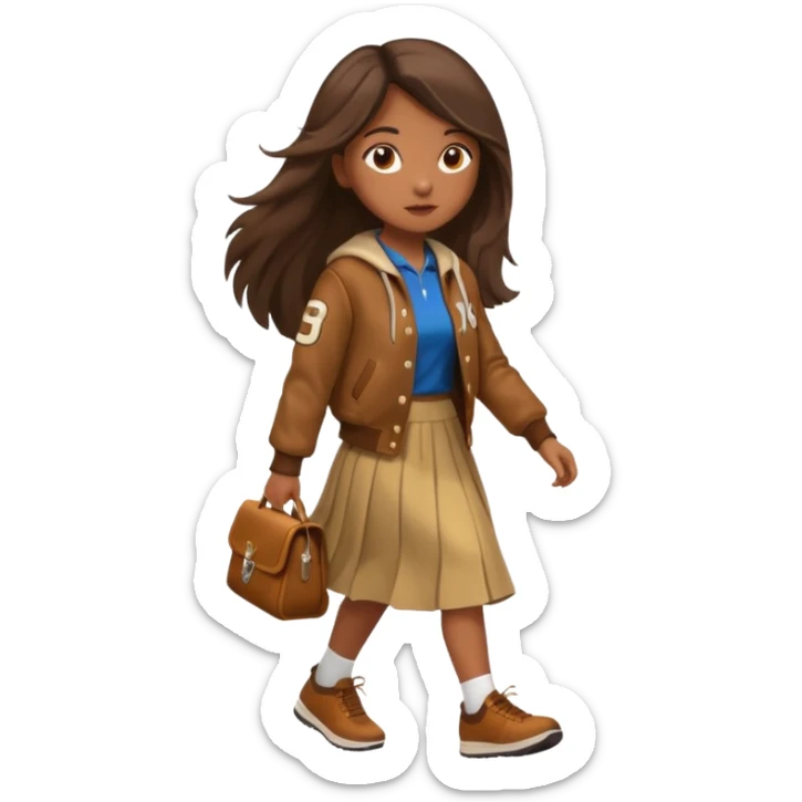 black color long hair girl with brown varsity jacket and long skirt walking  sticker